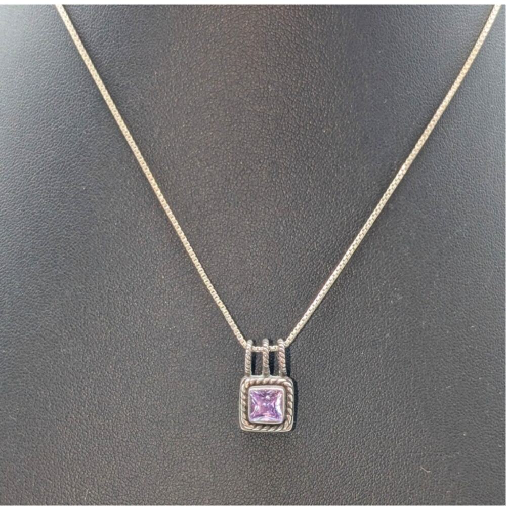 VTG Lori Bonn 925 Sterling Silver Purple Stone Pendant Box Chain 16" Necklace